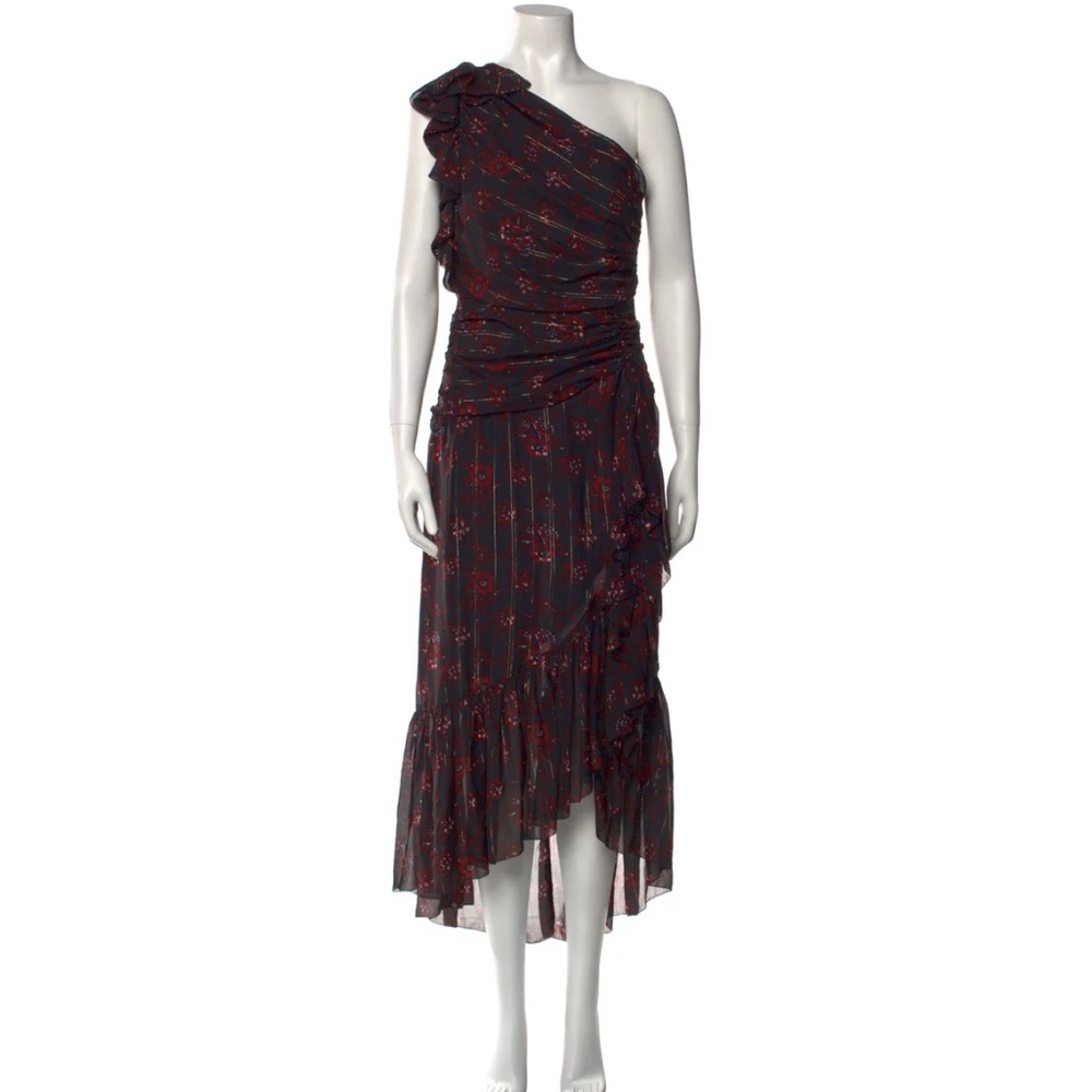 Ulla Johnson One-Shoulder Silk Black Bellini Dress With Red/Golden Florals Sz: 2